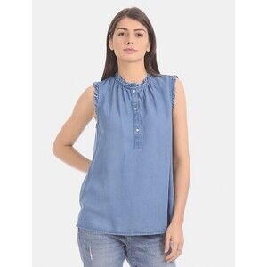 Gap Women's Blue Denim Chambray Blouse Sleeveless Top Tank Buttons Sz XS Boho